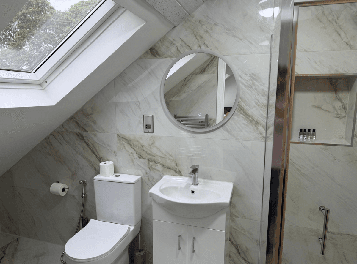 Loft bathroom — skylight shower